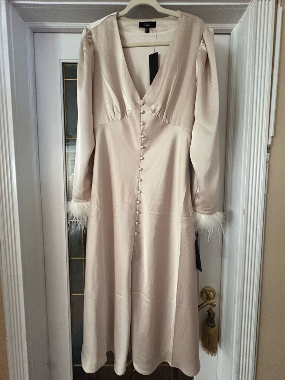 Lulu's Champagne Satin Button-Front Midi Dress with Feather Cuffs